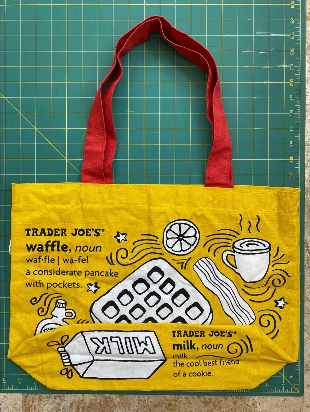 (2) Trader Joe’s Cloth Tote bags: Cheese Adventures & Waffles Toast Milk - Picture 6 of 13